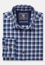 Tailored Fit Navy, Blue, Grey and White Check Cotton Melange Shirt