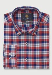 Regular Fit Red, Blue and White Check Washed Cotton Oxford Shirt