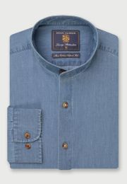 Tailored Fit Light Blue Chambray Grandad Collar Cotton Shirt