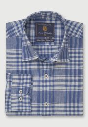 Tailored Fit Ecru and Blue Check Linen Cotton Shirt