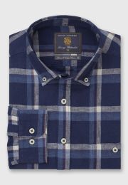 Regular Fit Ecru and Blue Check Linen Cotton Shirt