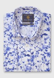 Tailored Fit Blue Print Linen Cotton Shirt