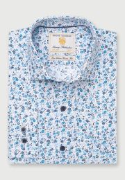 Regular Fit Blue and Aqua Floral Cotton Shirt