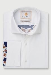 Regular Fit White with Navy Playing Card Print Cotton Dress Shirt 