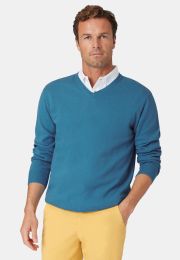 Dorset Sea Blue Cotton Merino V-Neck Jumper