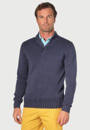 Edmonds Navy Washed Cotton Zip Neck Jumper