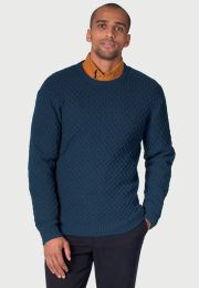 Lune Blue Lambswool Lattice Stitch Crew Neck Jumper