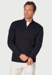 Sharpe Navy Cotton Cable Knit Zip Neck  Jumper