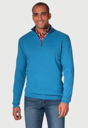 Sussex Sea Blue Cotton Merino Zip Neck Jumper