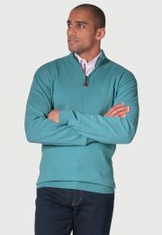 Sussex Aqua Cotton Merino Zip Neck Jumper