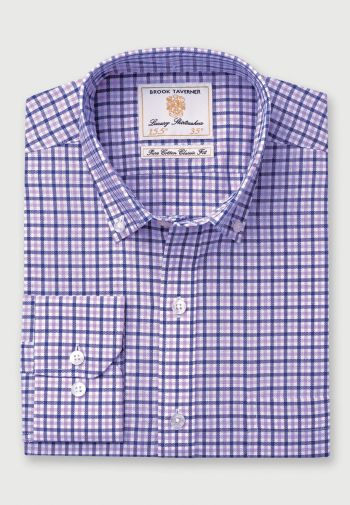 Tailored Fit Navy and Lilac Check Cotton Oxford Shirt