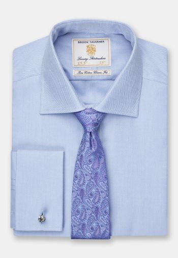 Regular Fit Double Cuff Blue Herringbone Cotton Shirt - Two Sleeve Lengths Available