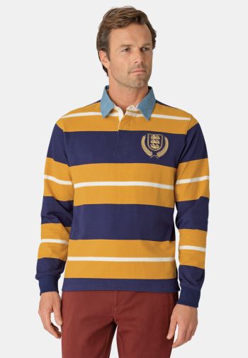Ayckbourn Gold, Navy and White Hooped Rugby Shirt