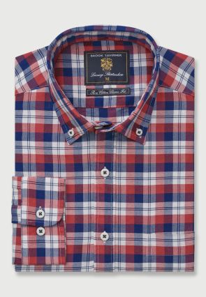 Regular and Tailored Fit Red, Blue and White Check Washed Cotton Oxford Shirt