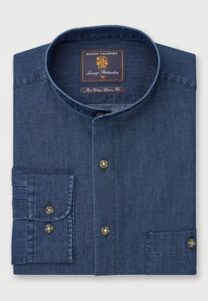 Regular Fit Navy Chambray Grandad Collar Cotton Shirt