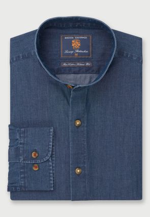 Tailored Fit Navy Chambray Grandad Collar Cotton Shirt