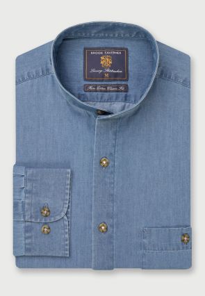 Regular Fit Light Blue Chambray Grandad Collar Cotton Shirt