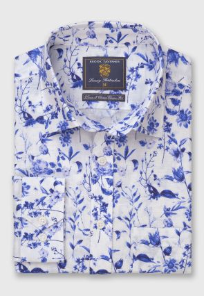 Regular Fit Blue Print Linen Cotton Shirt