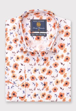 Tailored Fit Orange Print Linen Cotton Shirt