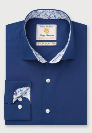 Tailored Fit Navy Herringbone Cotton Stretch Shirt