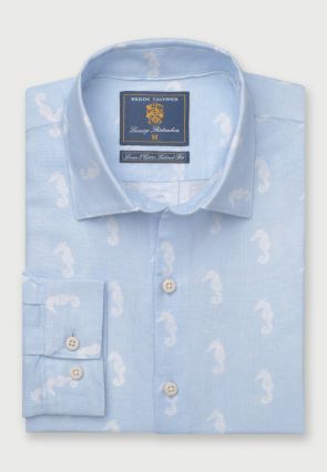 Tailored Fit Blue with Seahorses Print Linen Cotton Shirt