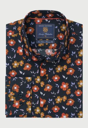 Tailored Fit Black Floral Print Cotton Shirt