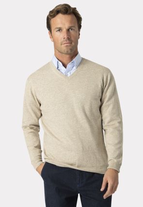 Dorset Stone Cotton Merino V-Neck Jumper