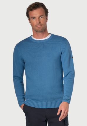 Earby Sea Blue Cotton Crew Neck Jumper