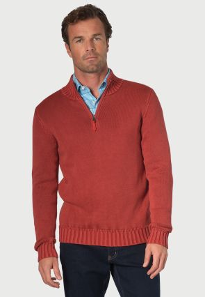 Edmonds Red Washed Cotton Zip Neck Jumper