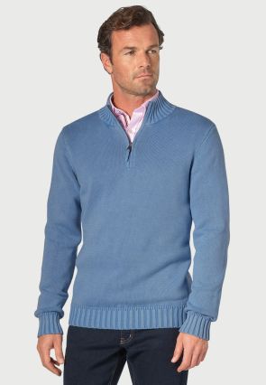 Edmonds Blue Washed Cotton Zip Neck Jumper