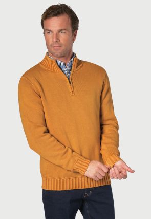 Edmonds Mustard Washed Cotton Zip Neck Jumper