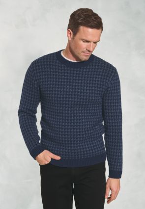 McSweeney Blue Houndstooth Lambswool Crew Neck Jumper