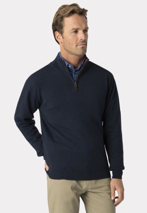 Sussex Navy Cotton Merino Zip Neck Jumper