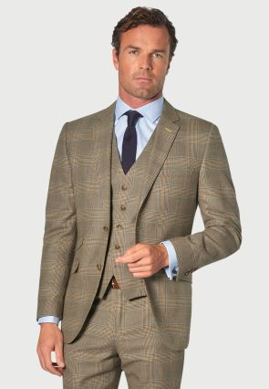 Tailored Fit Ribblesdale Olive Check Wool Suit - Waistcoat Optional