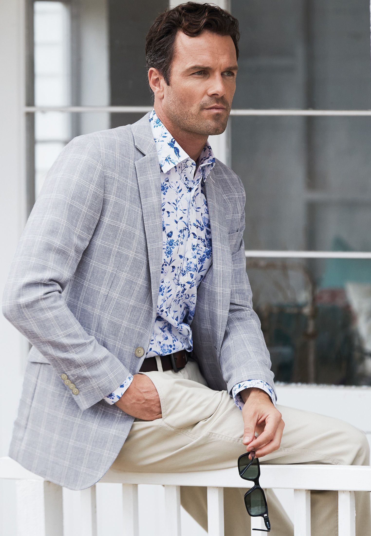 Tailored Fit Silver Blue Check Linen Blend Jacket