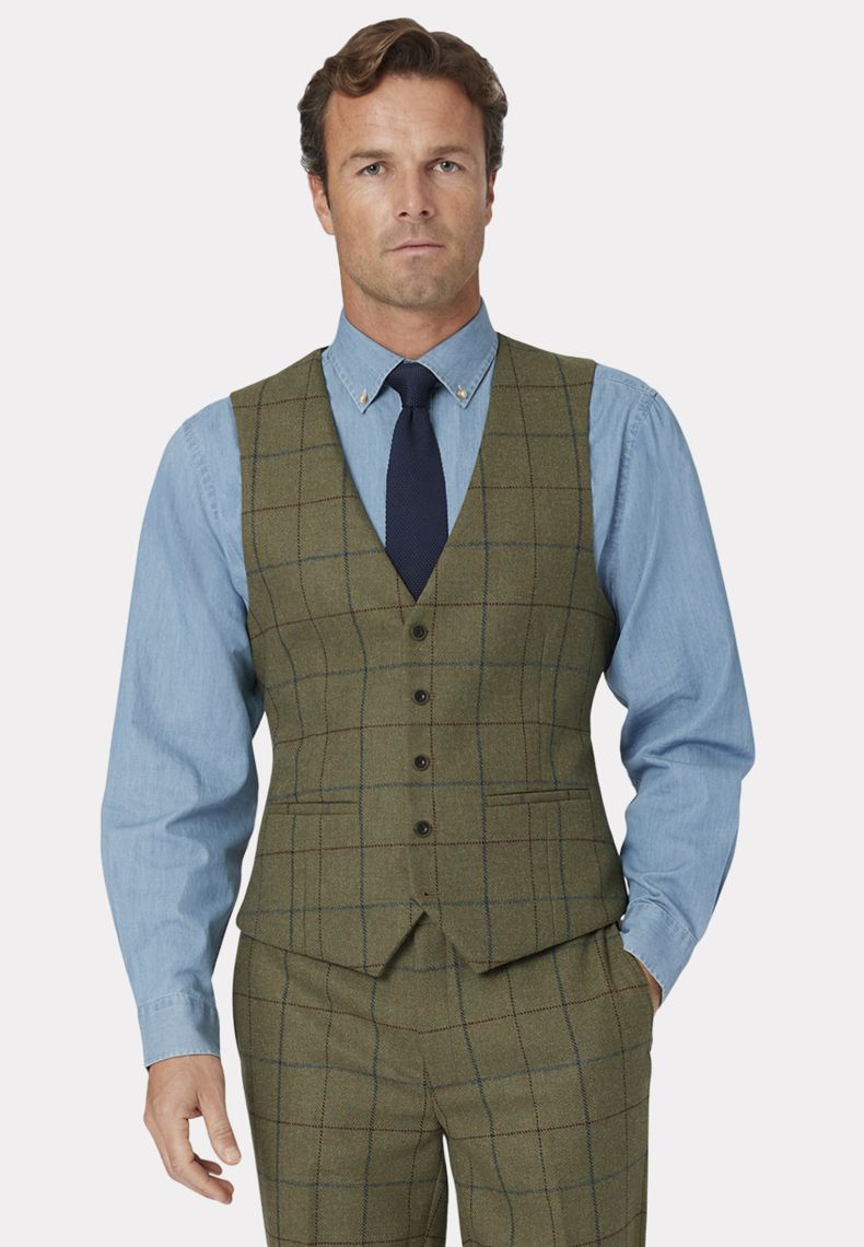 Tailored Fit Haincliffe Green Check Wool Tweed Waistcoat