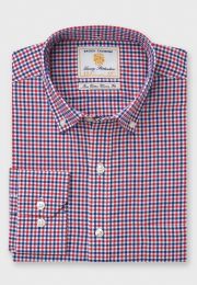 Regular Fit Navy and Red Check Stretch Cotton Oxford Shirt