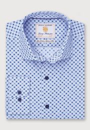 Tailored Fit Blue Square Print Cotton Shirt