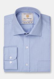 Regular Fit Single Cuff Blue Herringbone Cotton Shirt - Two Sleeve Lengths Available