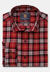 Regular Fit Red, Black and Gold Check Brushed Cotton Shirt