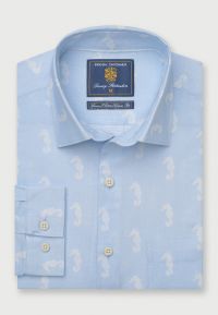 Regular Fit Blue with Seahorses Print Linen Cotton Shirt