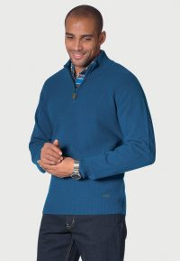 Caldew Mid Blue Lambswool Zip Neck Rice Knit Jumper