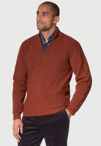 Caldew Rust Lambswool Zip Neck Rice Knit Jumper