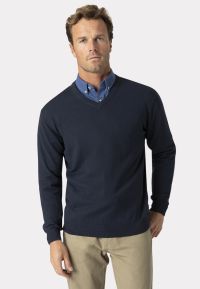 Dorset Navy Cotton Merino V-Neck Jumper