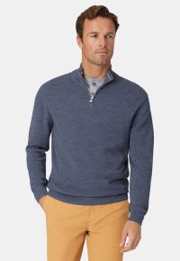 Ricky Denim Blue Pique Knit Zip Neck Jumper