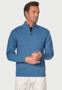 Sharpe Sea Blue Cotton Cable Knit Zip Neck  Jumper