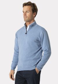 Sussex Sky Blue Cotton Merino Zip Neck Jumper