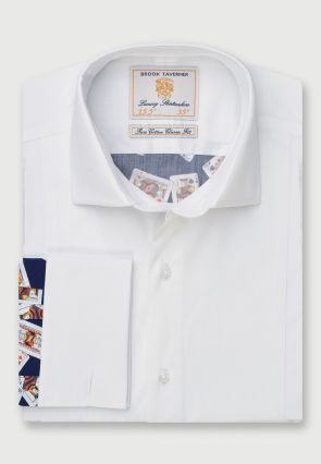 Regular Fit White with Navy Playing Card Print Cotton Dress Shirt 